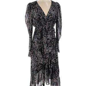 Lea & Viola Black Floral Print Ruffle Wrap Midi Dress. Size S